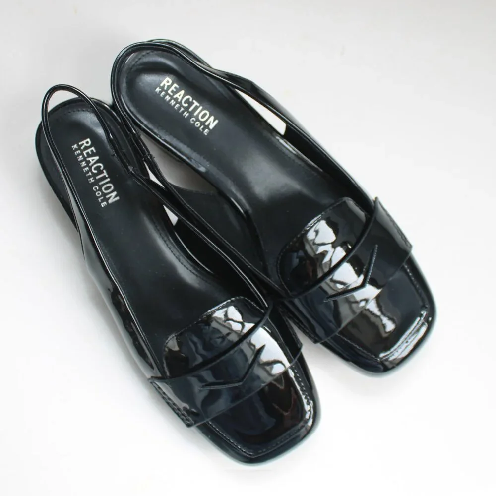 Kenneth Cole Reaction Womens Black Patent Lewis Sling Loafer Block Heels Size 9 - Picture 5 of 8